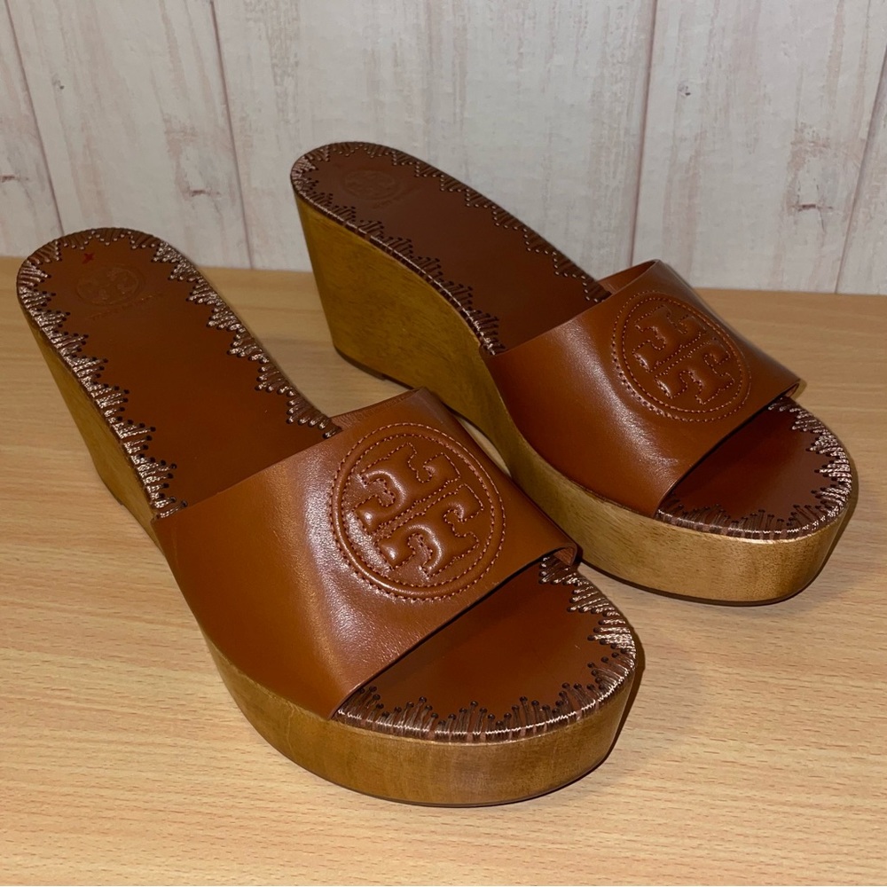 Tory Burch Patty Platform Wedge Slide Leather Logo Sandal Women’s Size 10